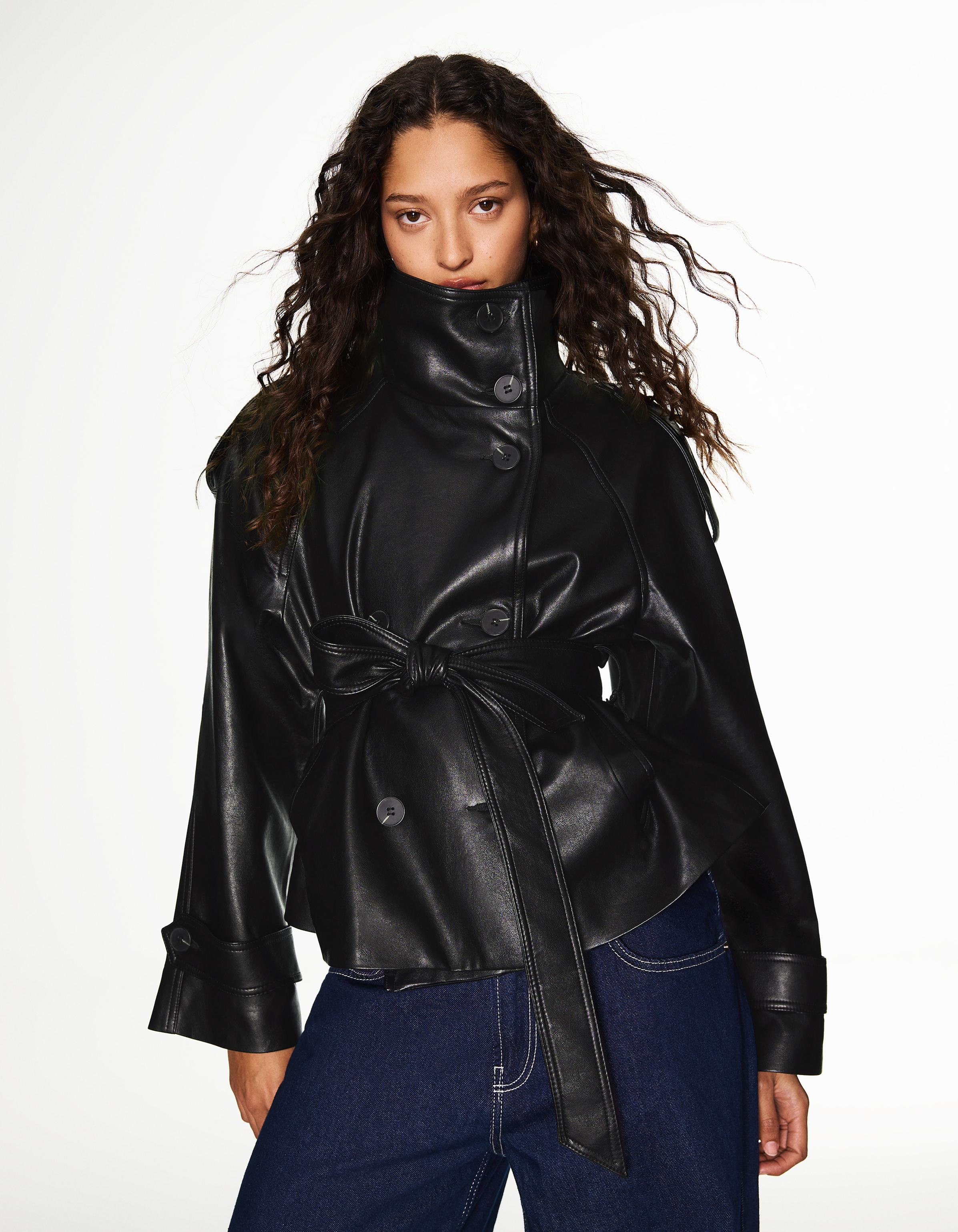 Short leather effect trench jacket — Black