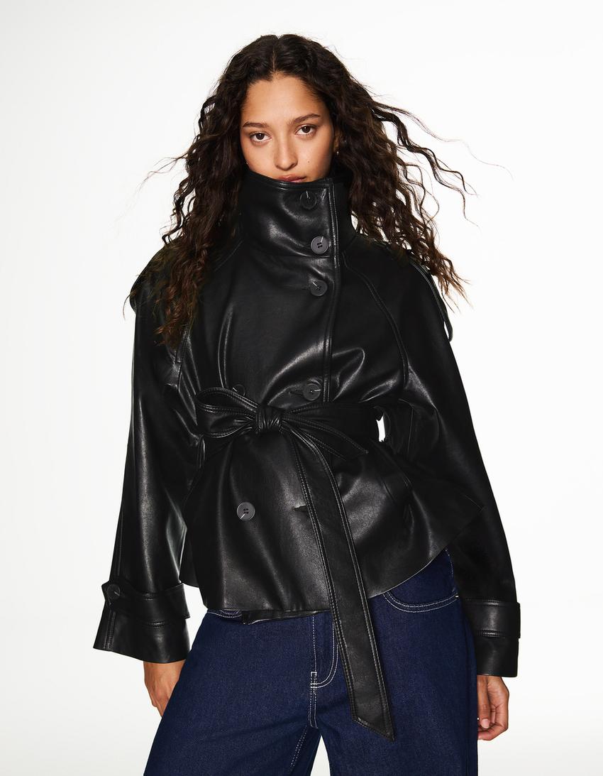 Cropped leather effect trench jacket-Black