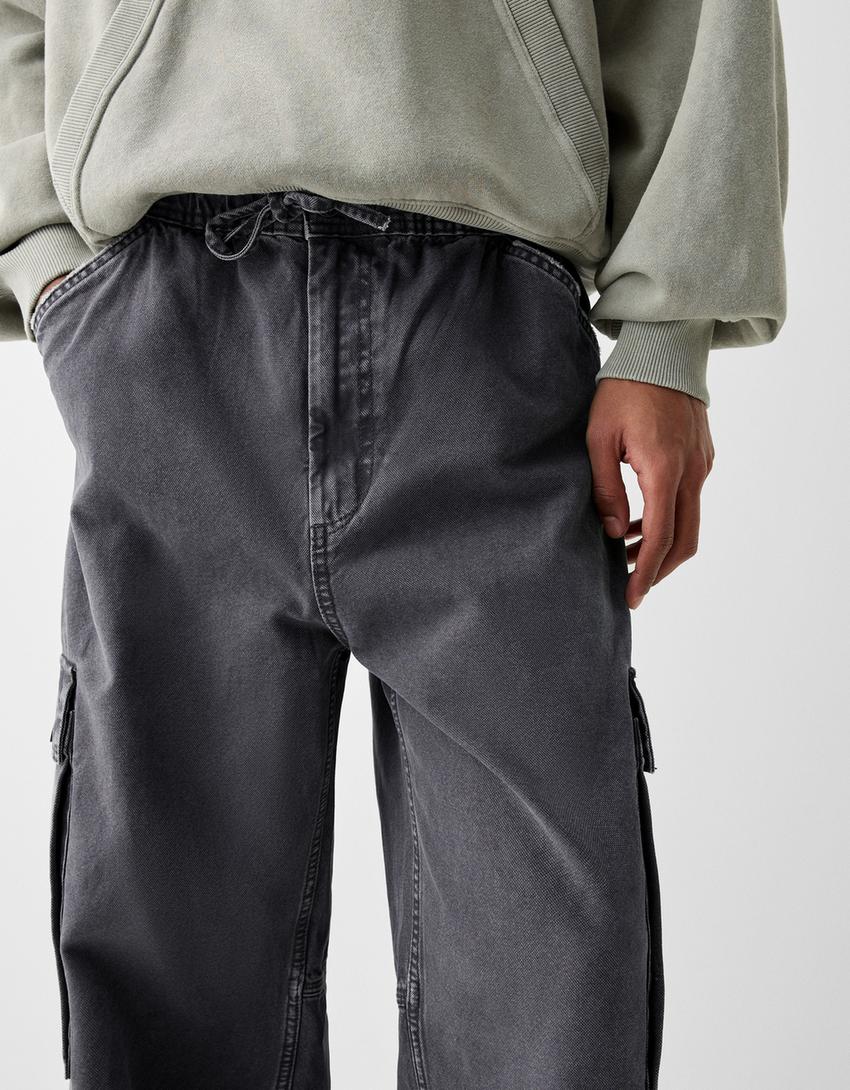 Calças skater cargo efeito lavado-Cinza-3