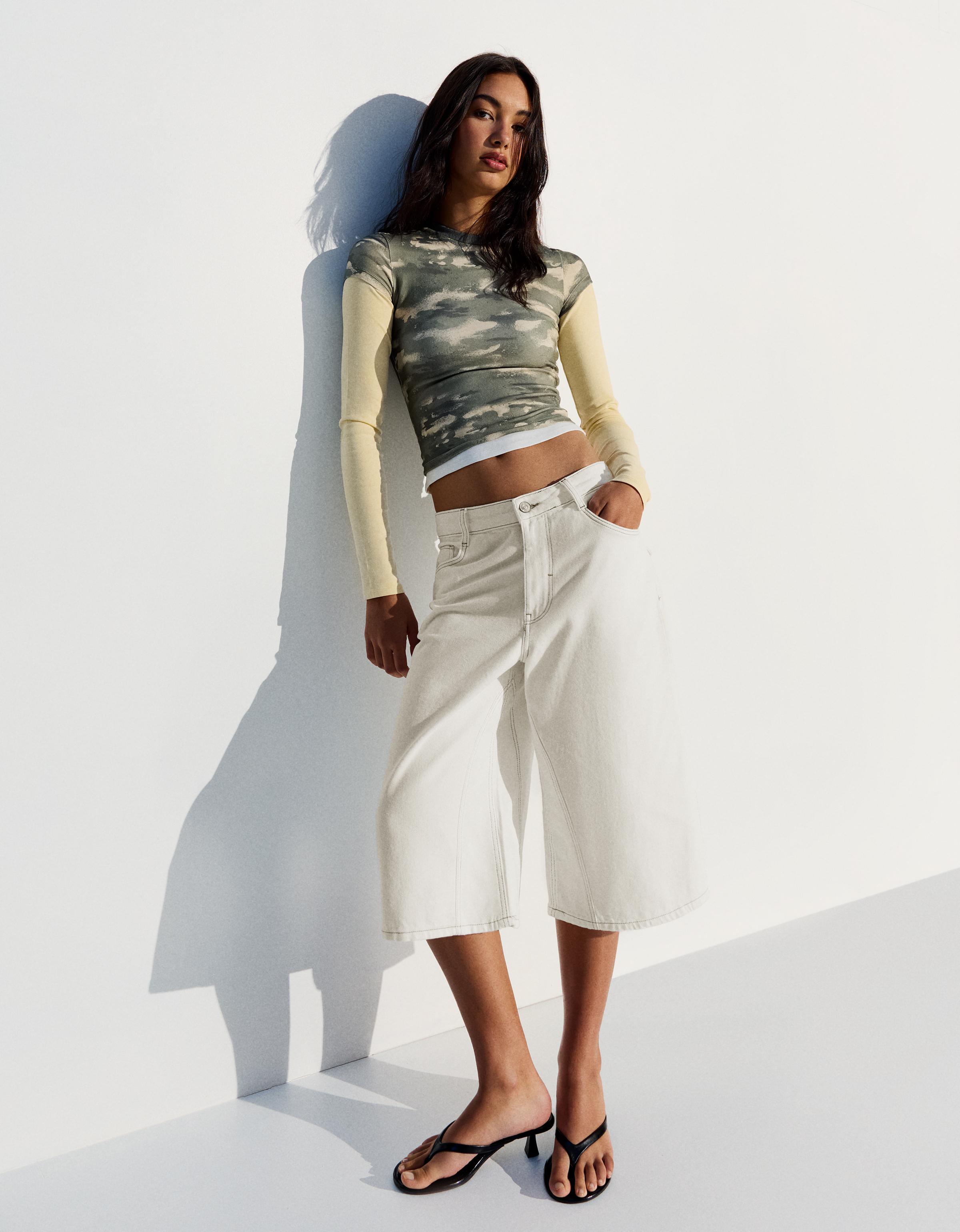 Bershka Bermudas Denim Slouchy Mujer Blanco