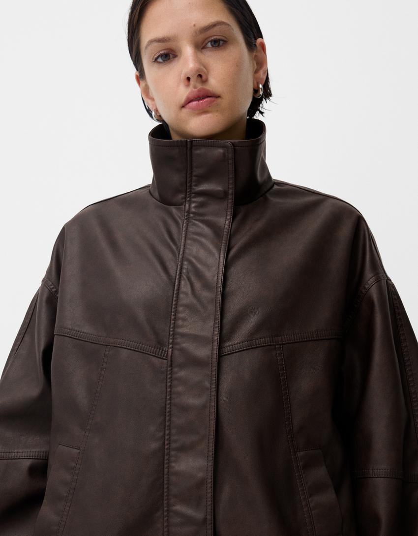 Oversize suni deri ceket-Kahverengi-5