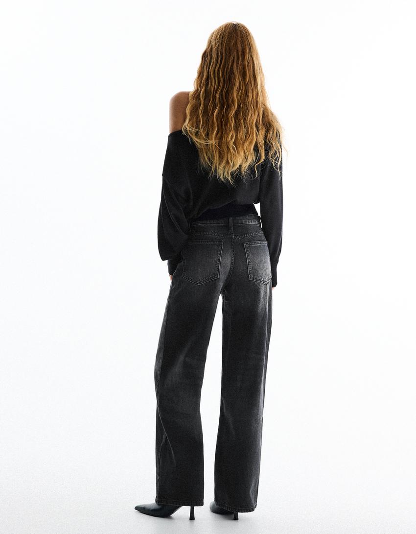 Wide-leg high-waist vintage wash jeans-Black