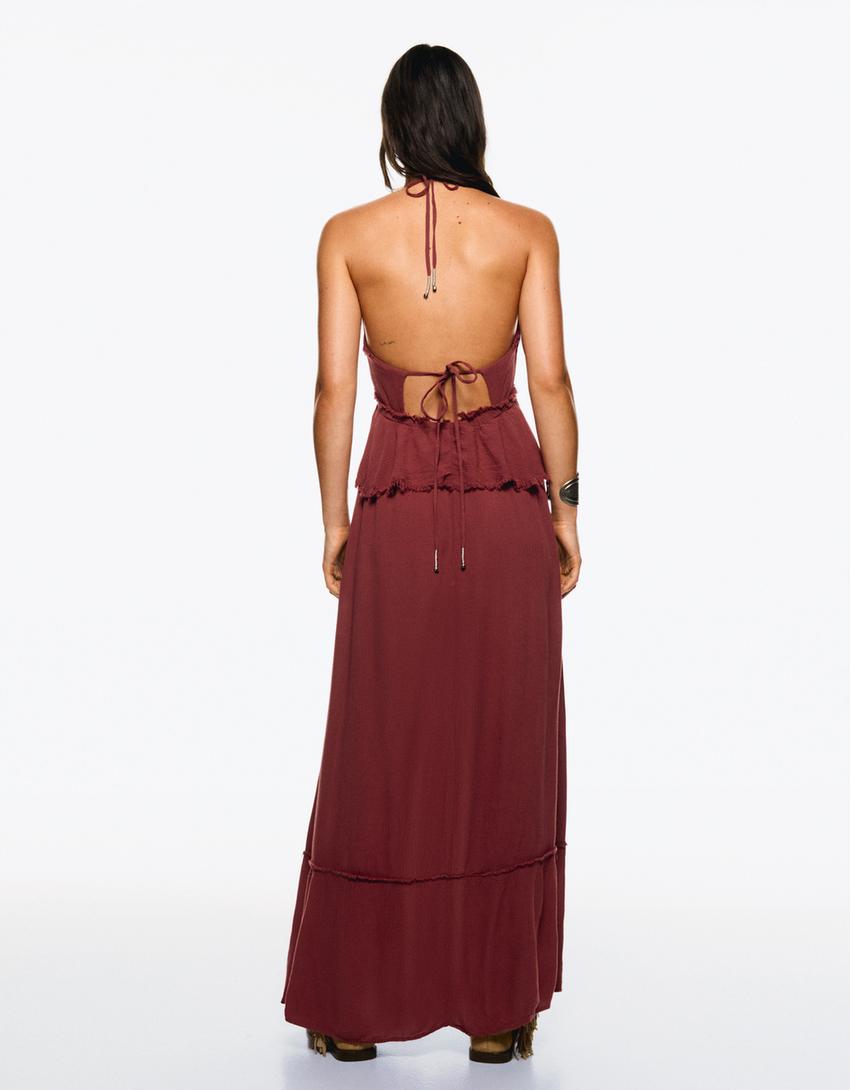 Ruffled textured maxi dress-Burgundy-2