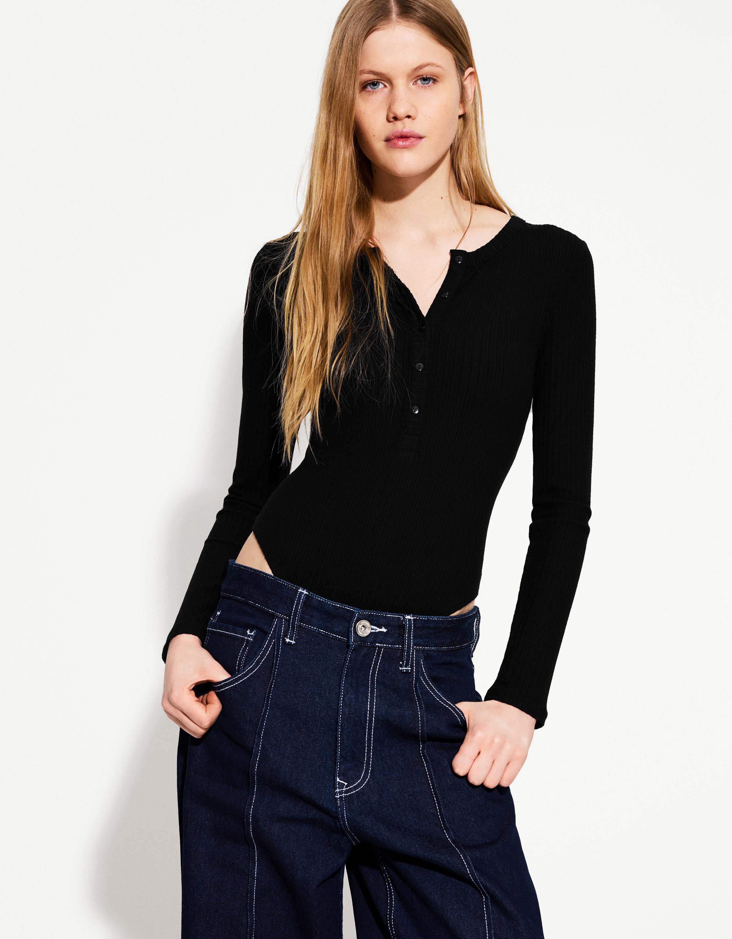 Bershka Body Mit Langen Ärmeln Und Knöpfen Damen Xs Schwarz