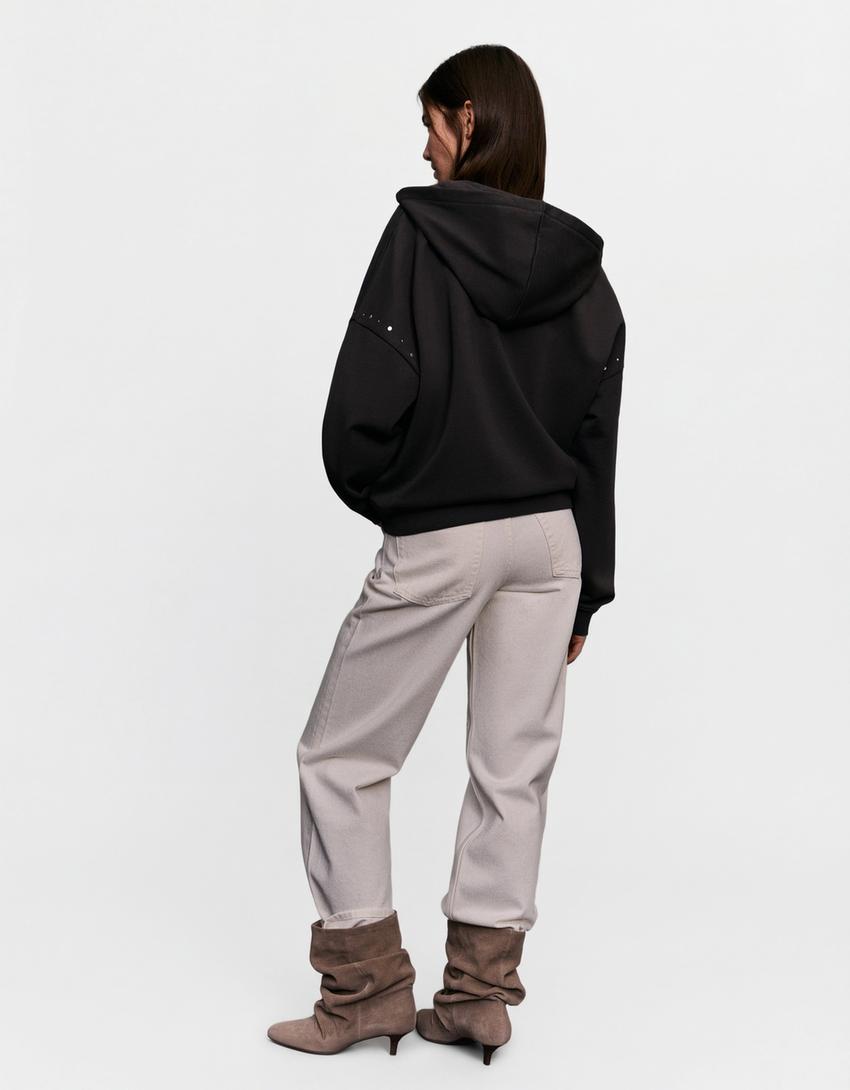 Hoodie med dragkedja och nitar-Mörkgrå