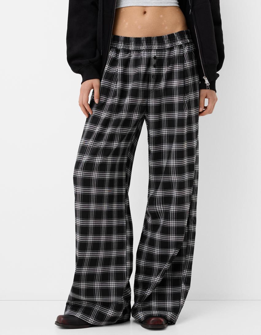Straight fit check trousers-Black-1
