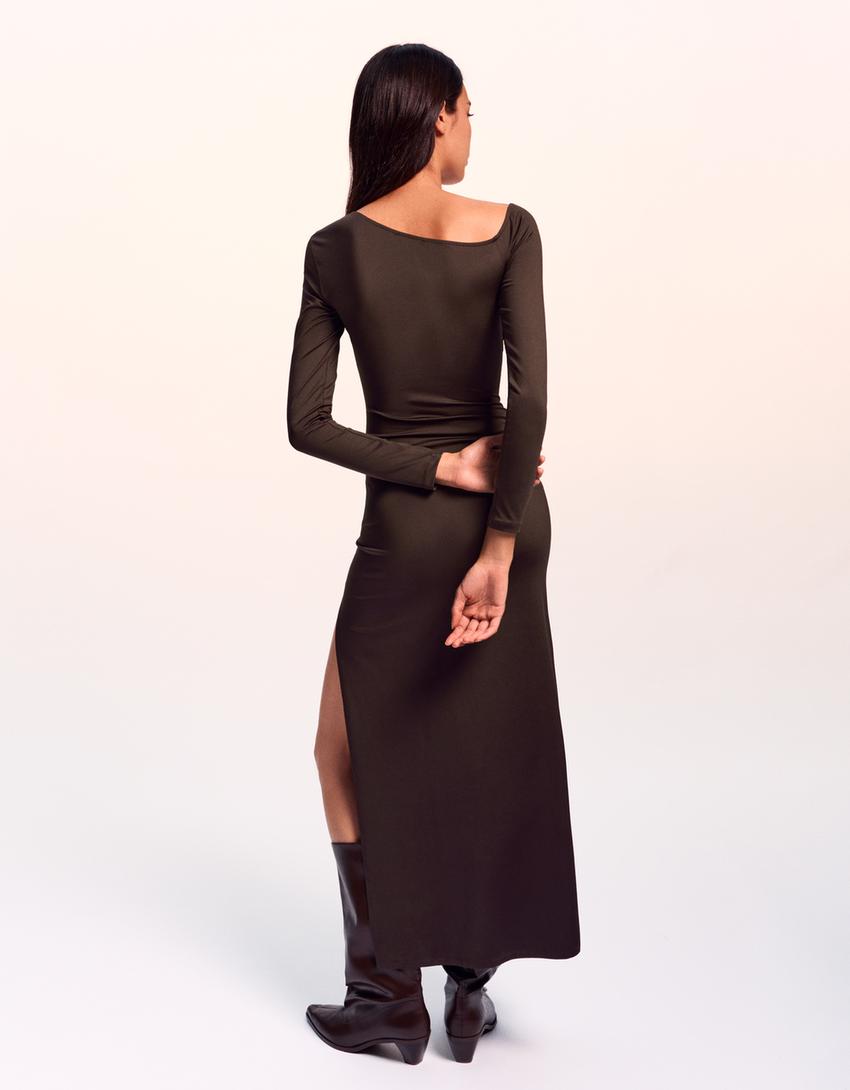 Asymmetric long sleeve midi dress-Brown