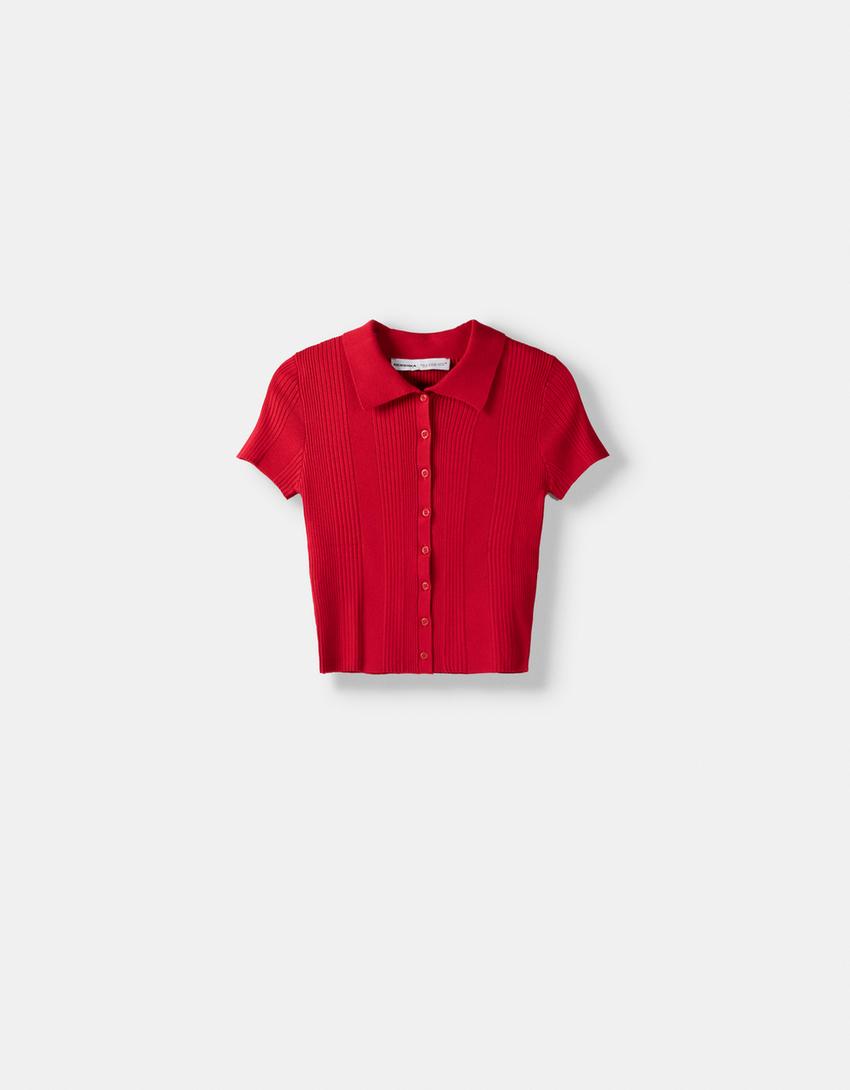 قميص بولو بأكمام قصيرة وأزرار-أحمر-4
