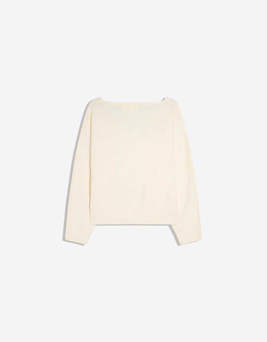 Maglia scollo a V oversize in tessuto morbido-Avorio