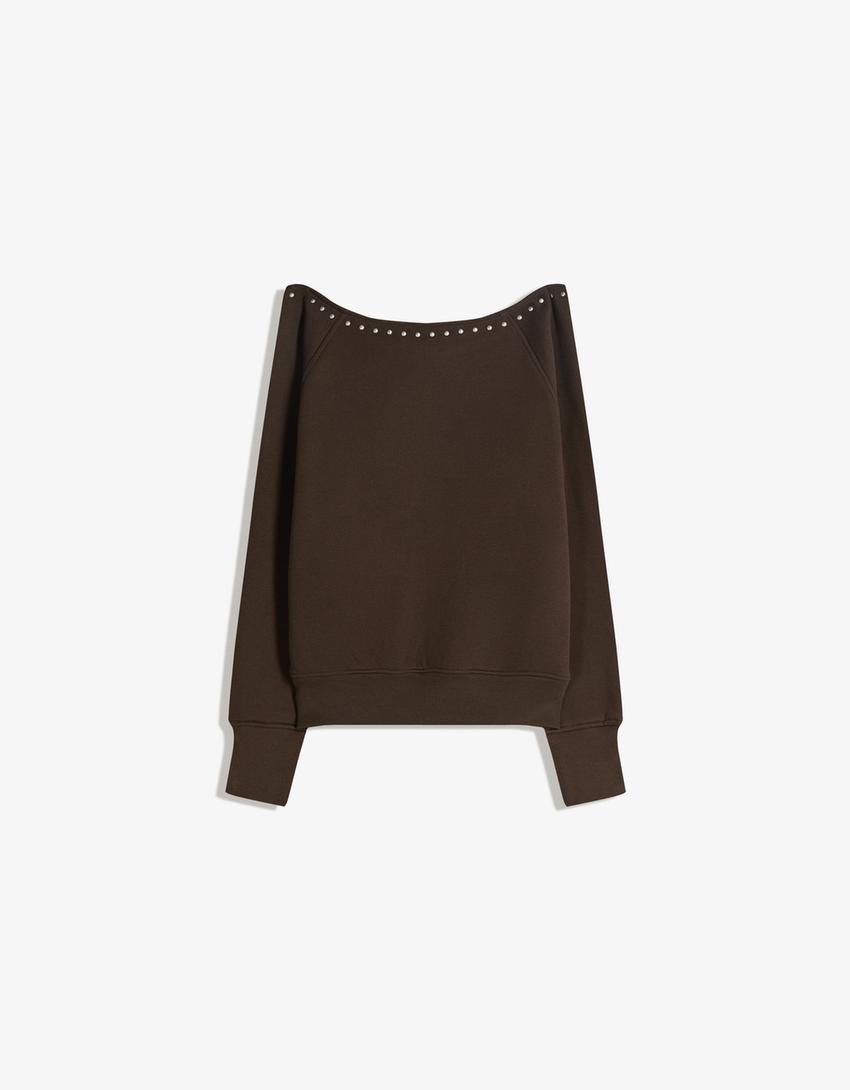 Asymmetrischer Sweatshirt mit Nieten-Braun