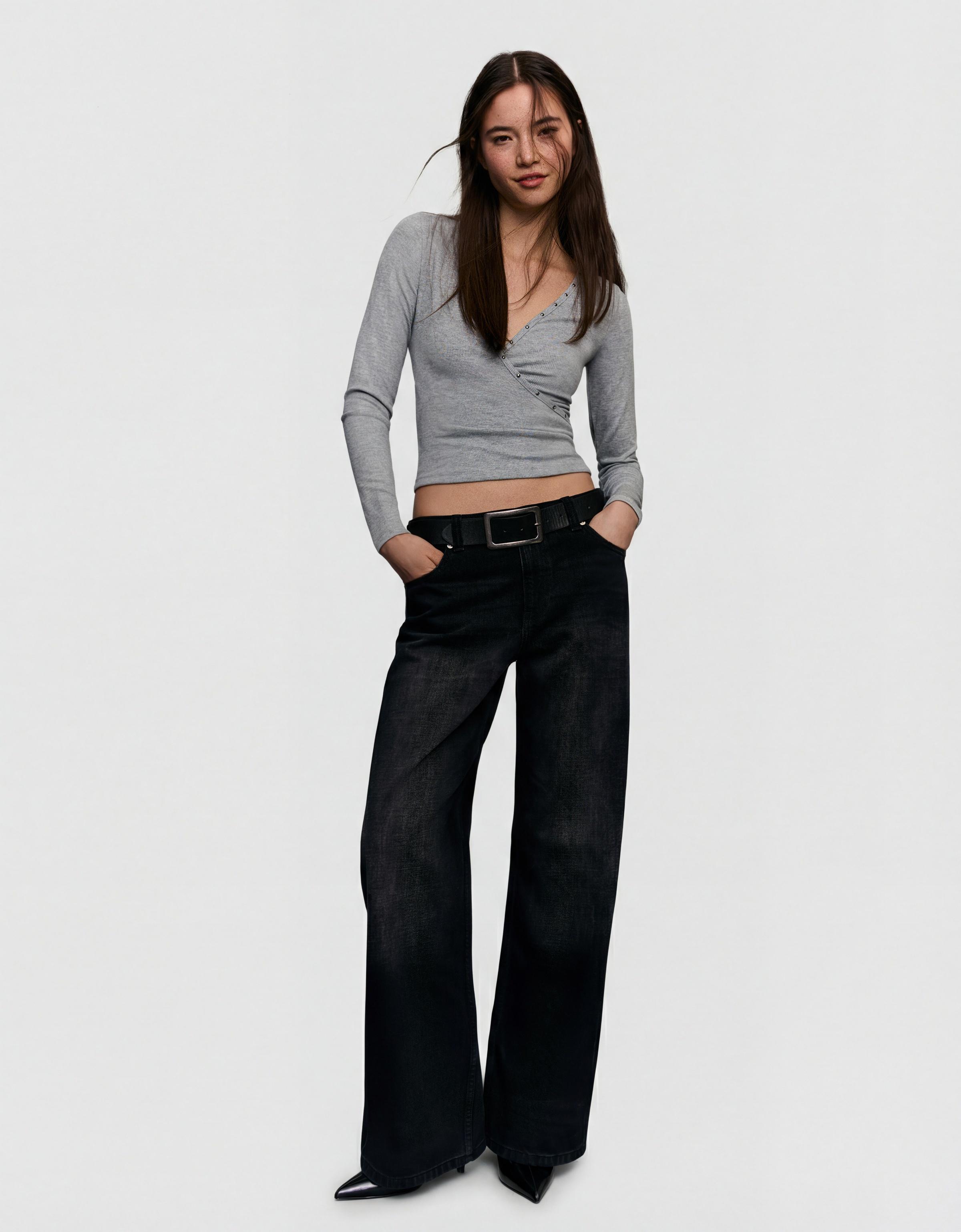 Long-sleeved studded T-shirt — Grey