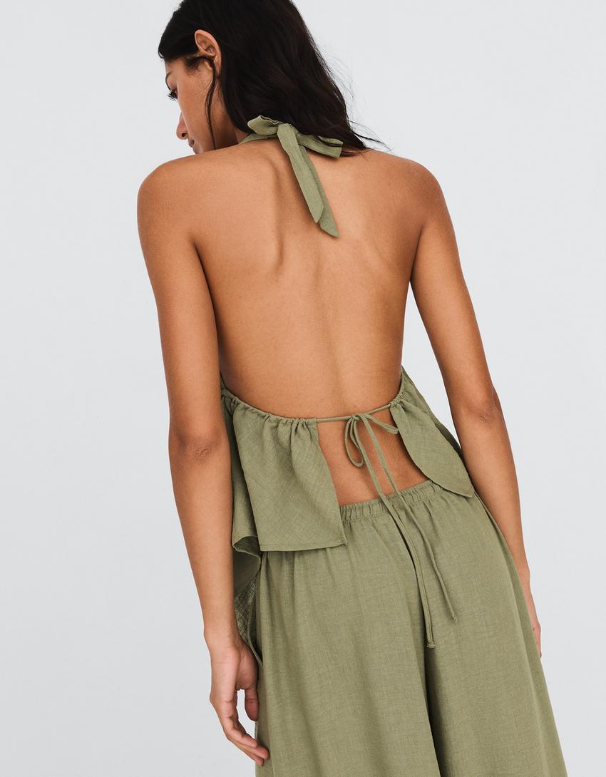 Tied halter top-Khaki