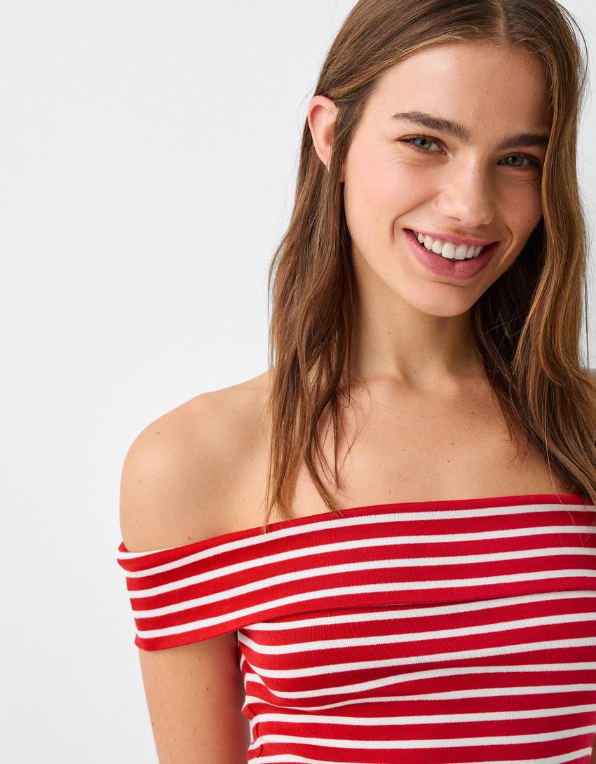 Kısa kollu açık omuzlu t-shirt-Beyaz-2