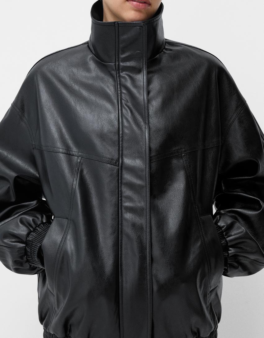 Blouson oversize en similicuir-Noir-2