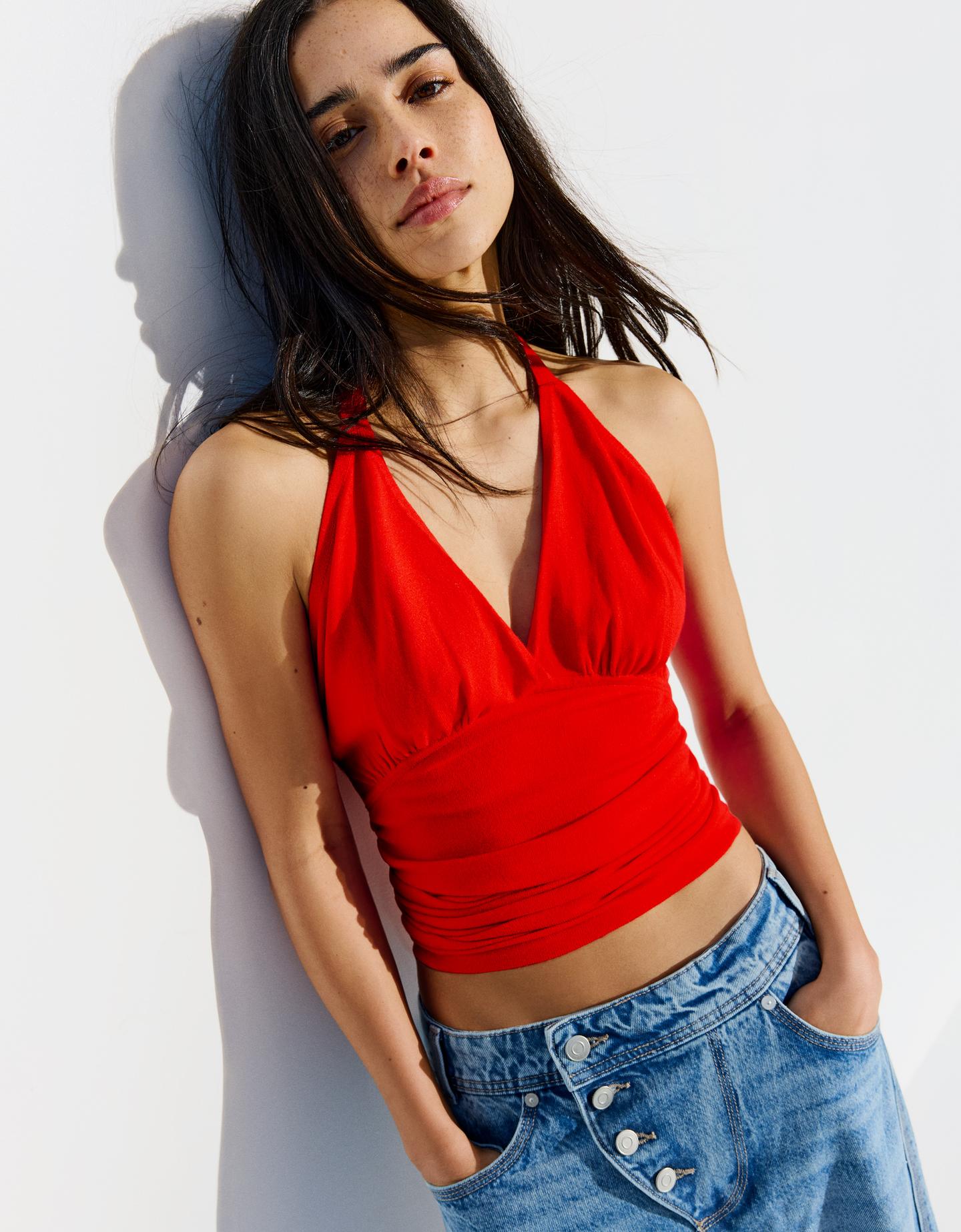 Bershka marszczony top halter czerwony