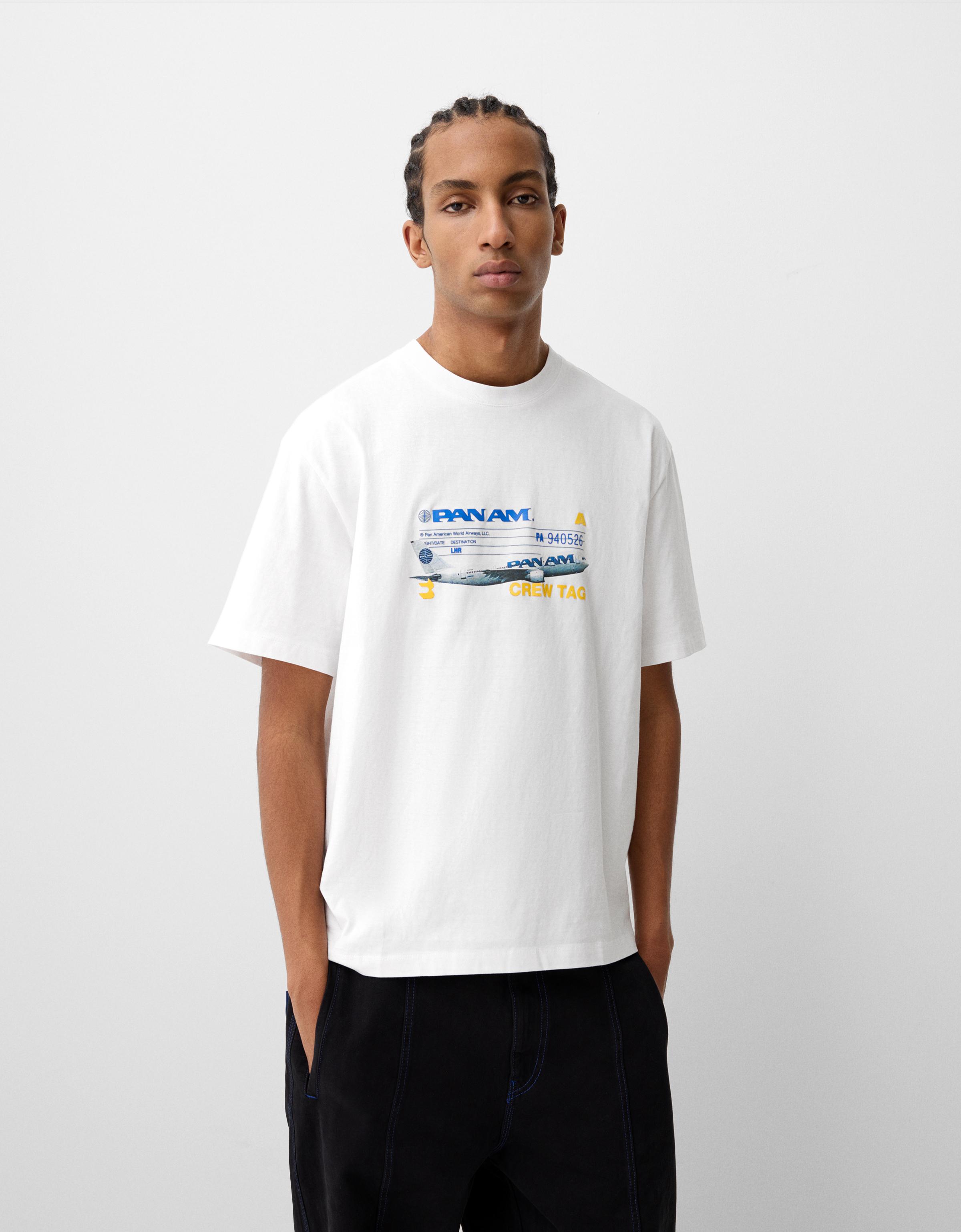 Bershka T-Shirt Pan Am Mit Kurzen Ärmeln Und Print Herren S Weiss