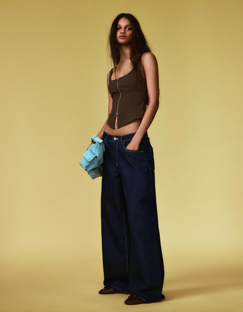 Zip-up strappy top-Brown