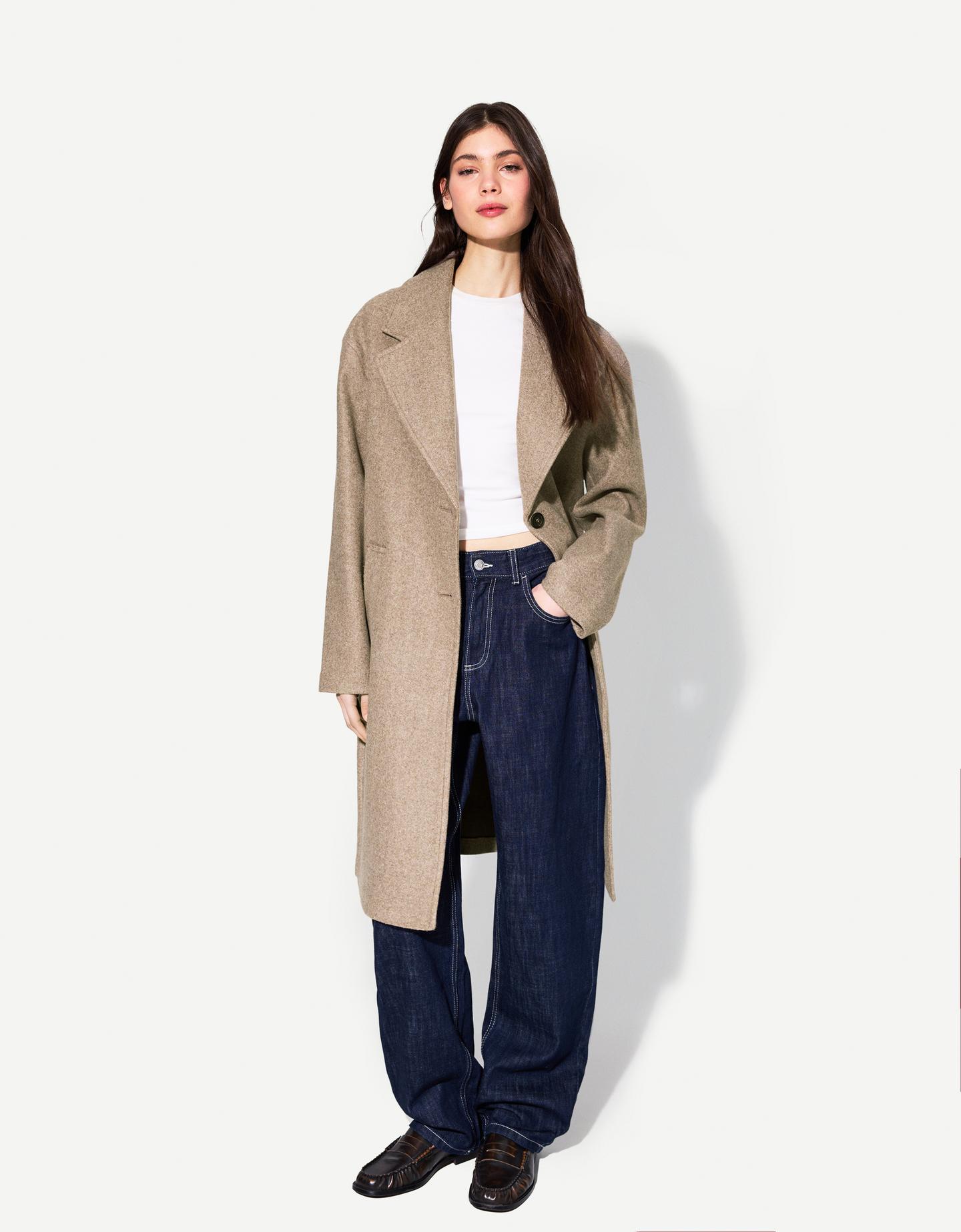 Bershka Langer Soft-Touch-Mantel Damen Xl Nerzfarbe günstig online kaufen