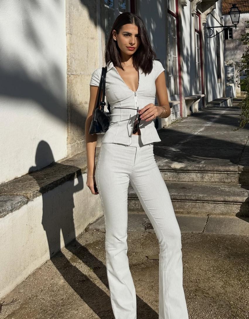 Chemise à manches courtes zippée-Écru