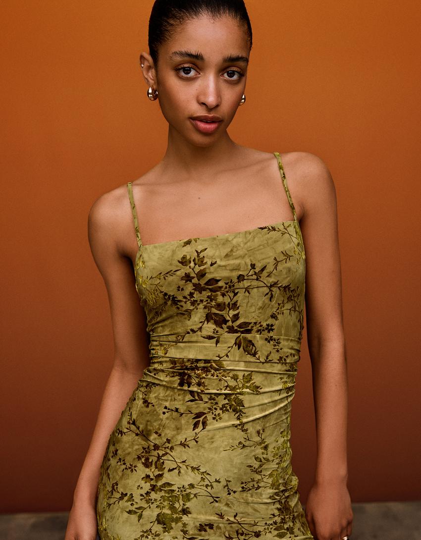 Robe midi à bretelles en tulle imprimé velours-Vert