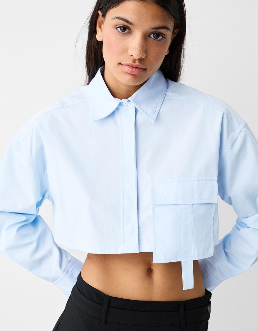 Long sleeve cropped poplin shirt with straps-Light blue