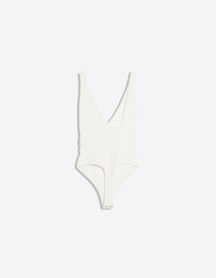 Strappy shirred bodysuit-Cream