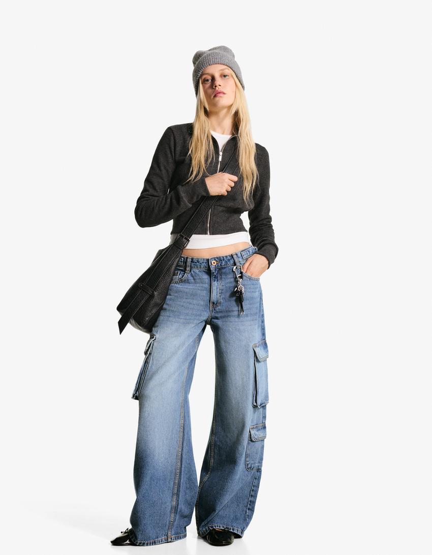 Jeans wide leg cargo-Azul lavado