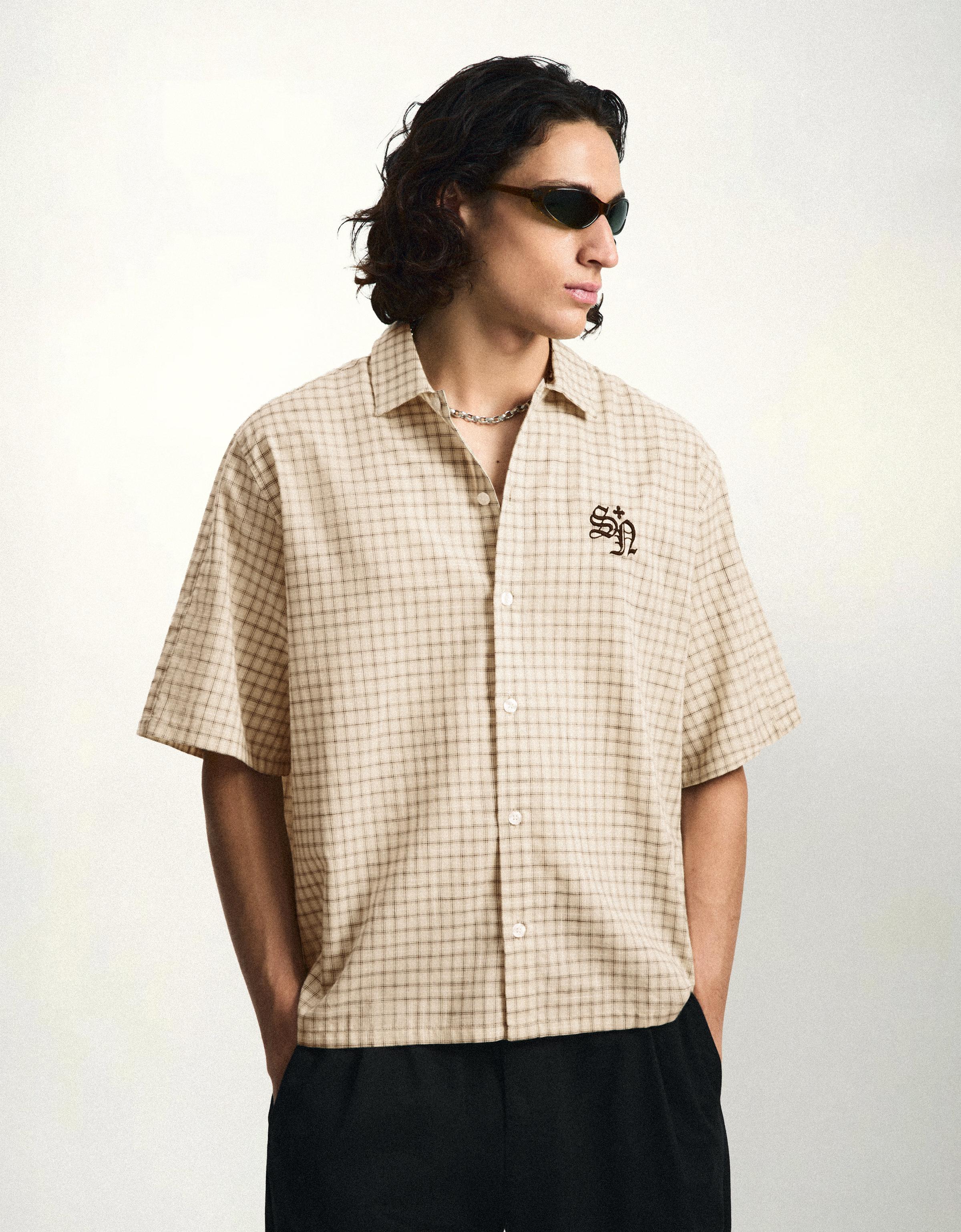 Bershka Camisa Manga Corta Bordado Hombre L Beige