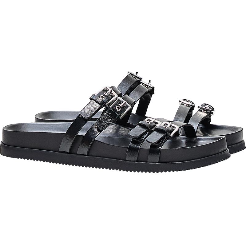 Double buckle flat slider sandals — BLACK