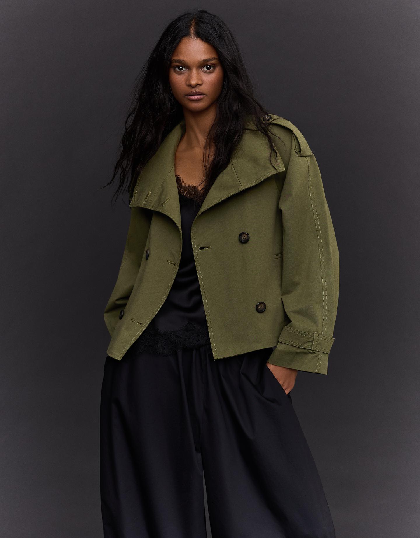Bershka Cazadora Trench Cuello Funnel Mujer Kaki