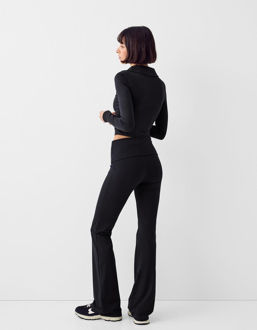 تيشرت من مزيج نايلون بأكمام طويلة وياقة بولو-أسود-1