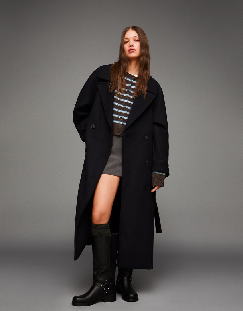 Oversize wool blend coat with belt-Navy