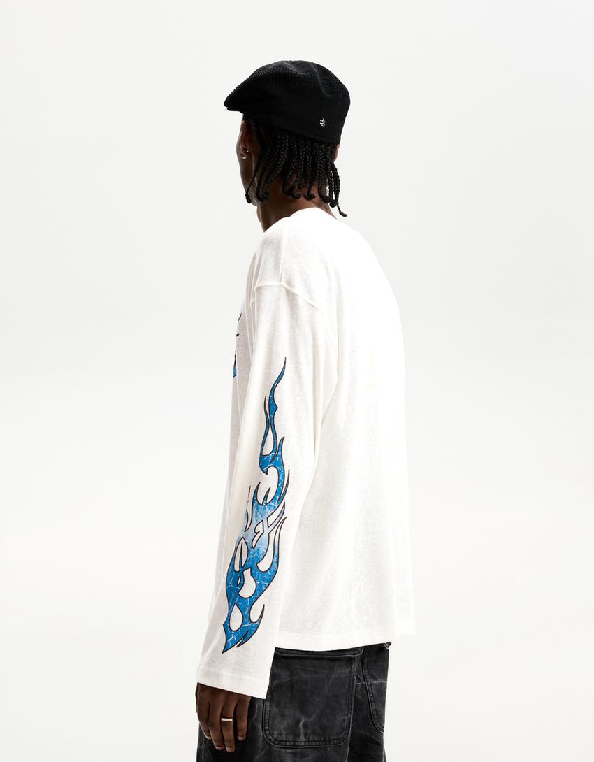 Tricou mânecă lungă print flăcări-Alb murdar-1