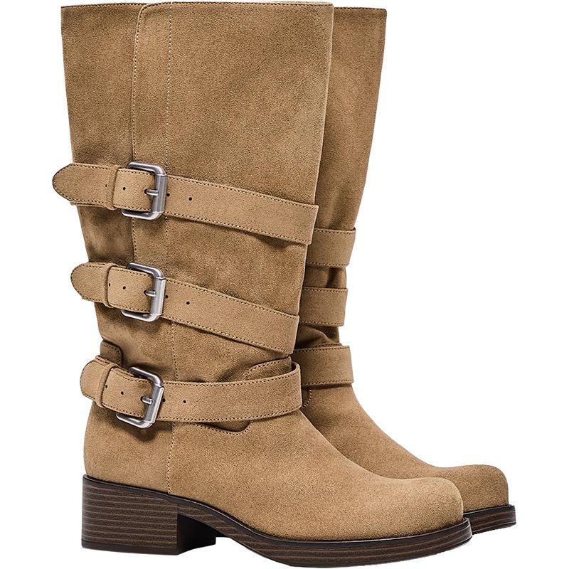 BUCKLED BIKER BOOTS — BEIGE