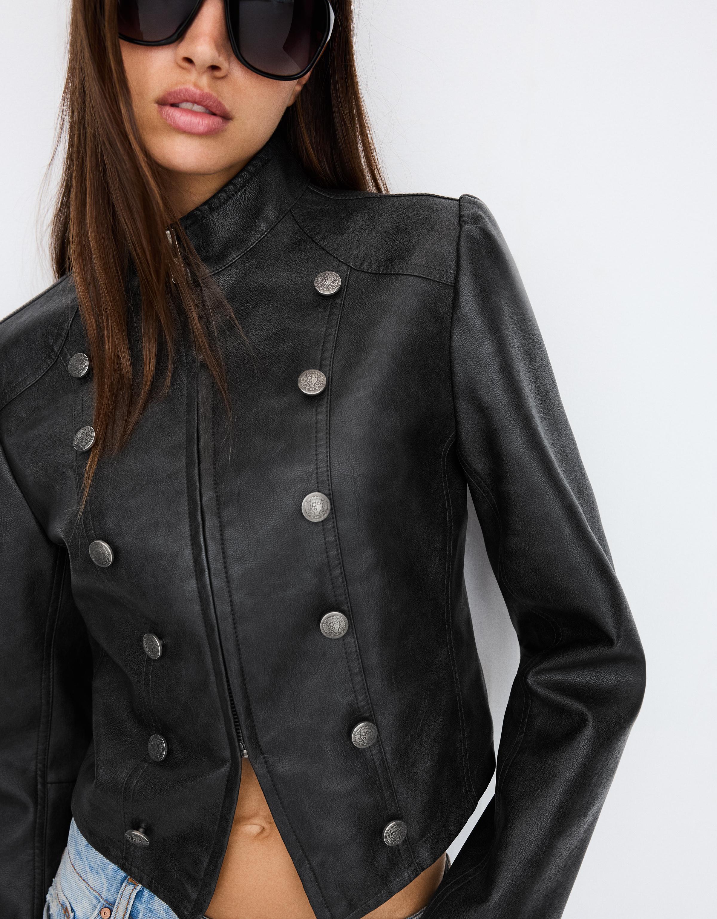 Buttoned leather effect jacket — Dark grey