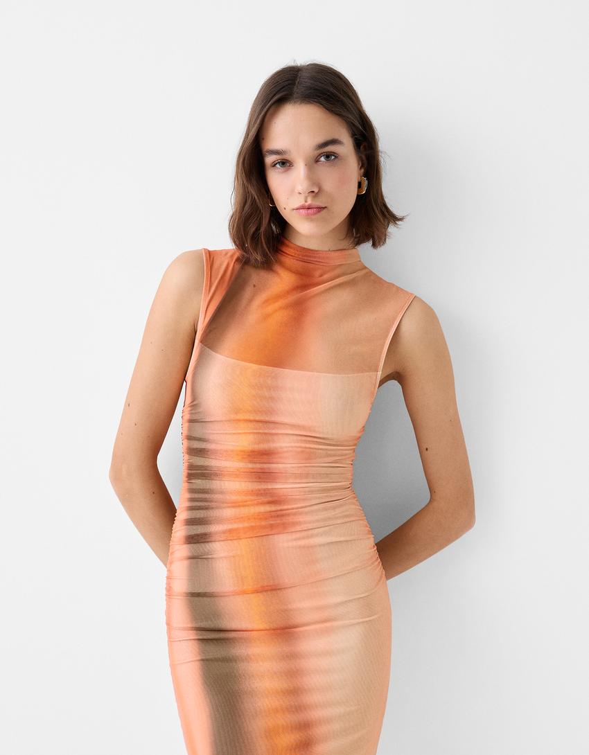 فستان ميدي يباقة عالية وأكمام قصيرة وطبعة-برتقالي-1