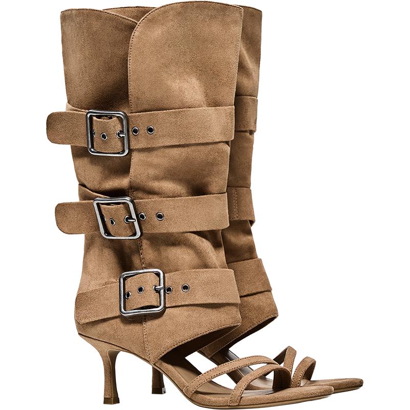Heeled trousers sandals with buckles — BEIGE