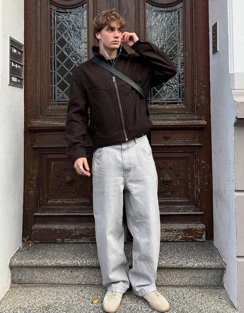 Veste en drap col contrastant-Marron