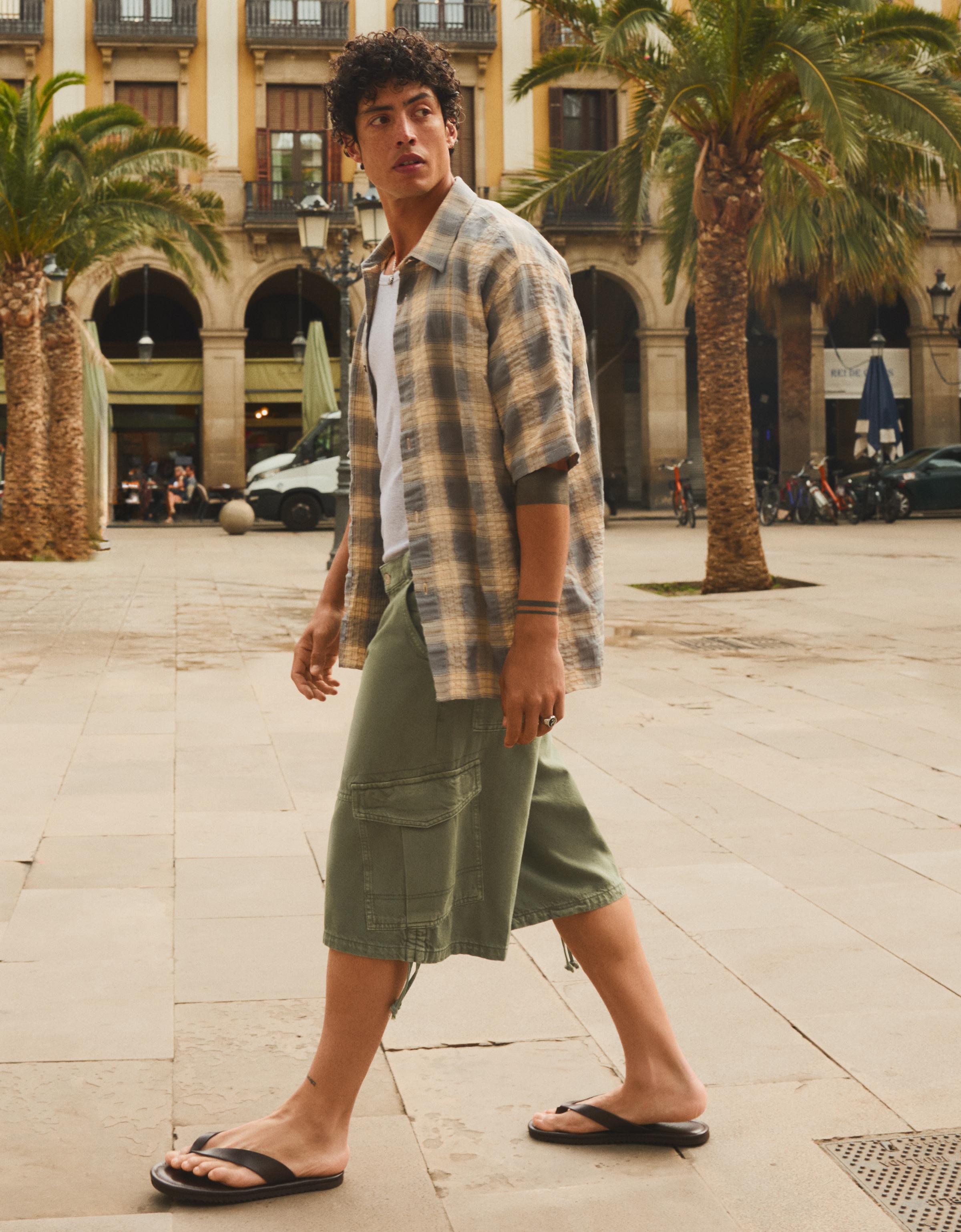 Denim cargo parachute Bermuda shorts — Khaki
