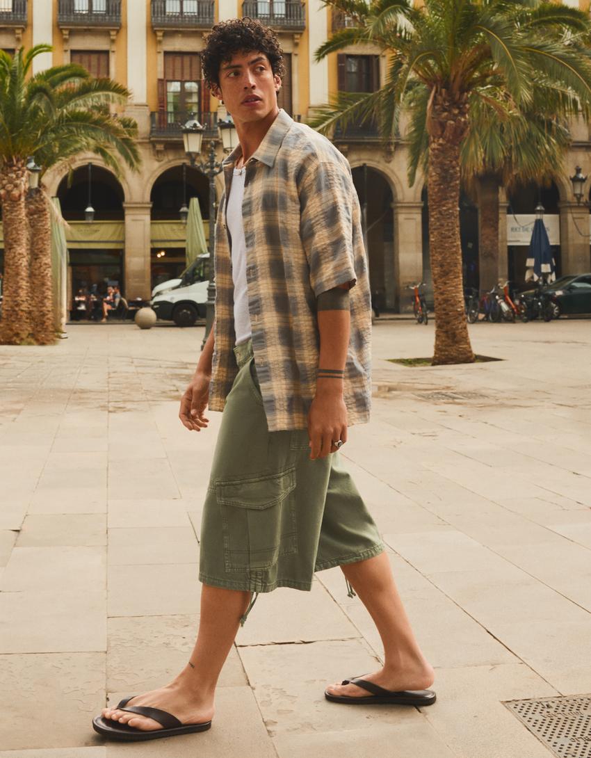 Denim parachute cargo Bermuda shorts-Khaki