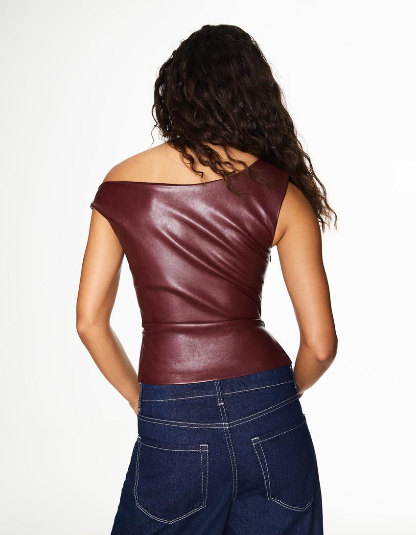 Asymmetric leather effect top-Maroon
