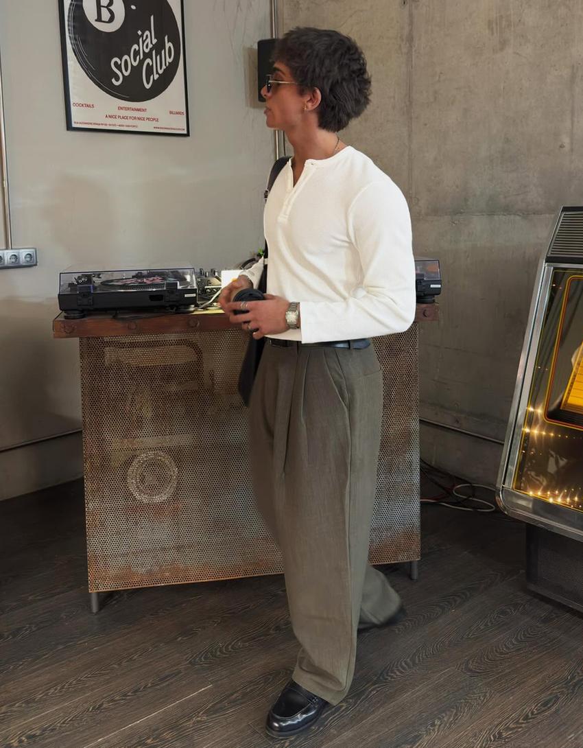 Uzun kollu henley slim fit tişört-Kirli beyaz