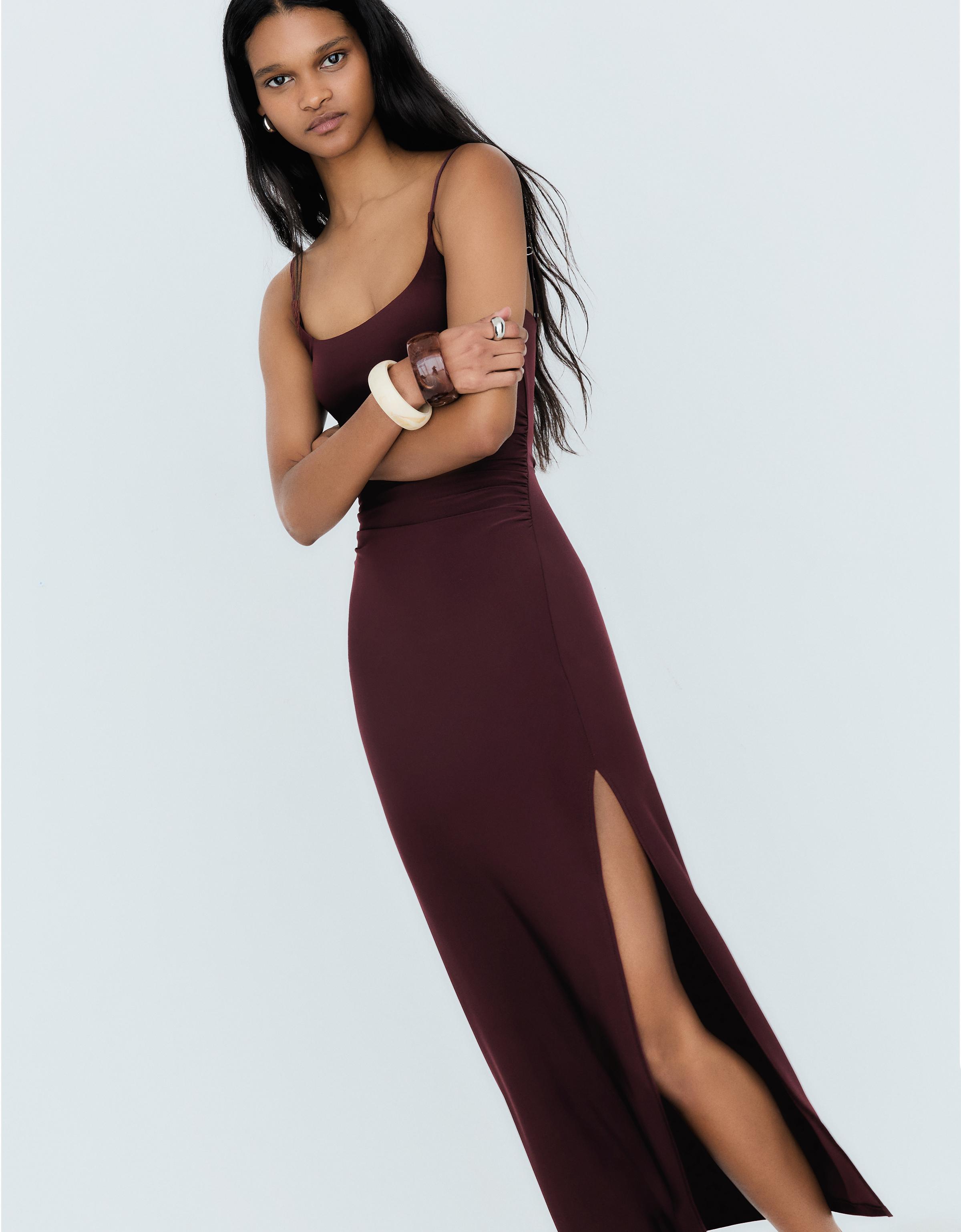 Ruched strap midi dress — Burgundy