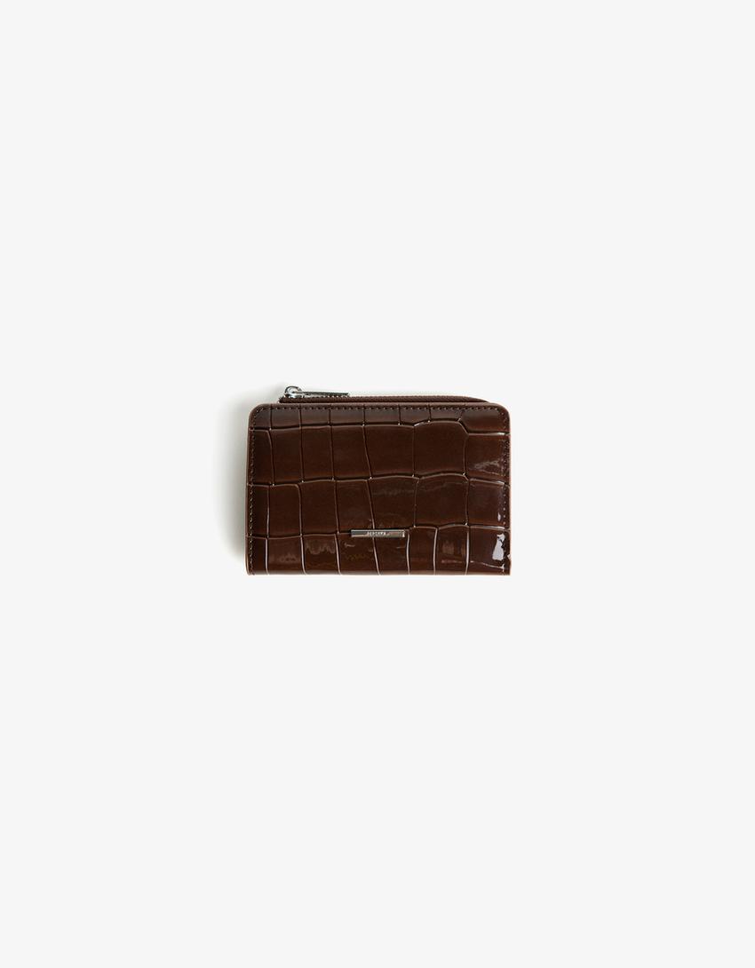 Porte-monnaie effet verni gravé imprimé animal-Taupe-0
