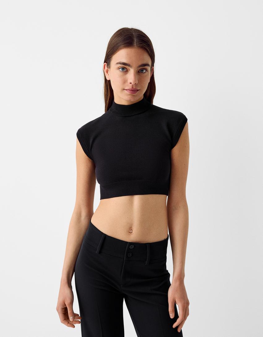 Pull sans manches col montant-Bleu-0