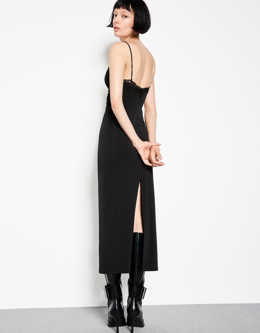 Flowing blonde lace midi dress-Black