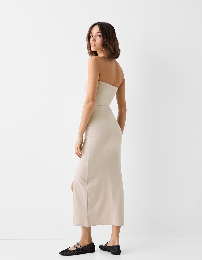 فستان شريطي ضيق متوسط الطول-رملي-2