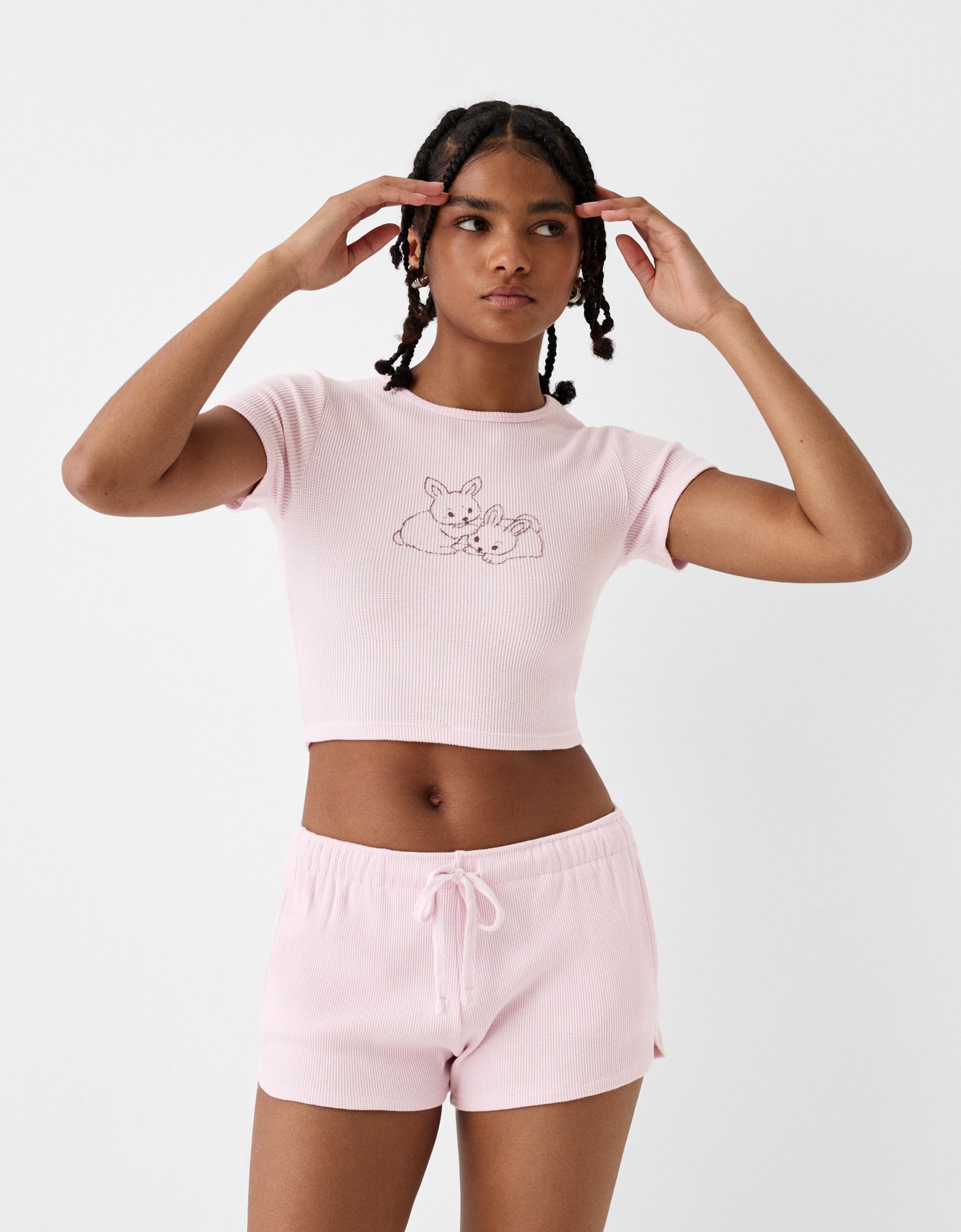 Bershka T-Shirt Aus Waffelgewebe Mit Kurzen Ärmeln Damen 10-12 Rosa