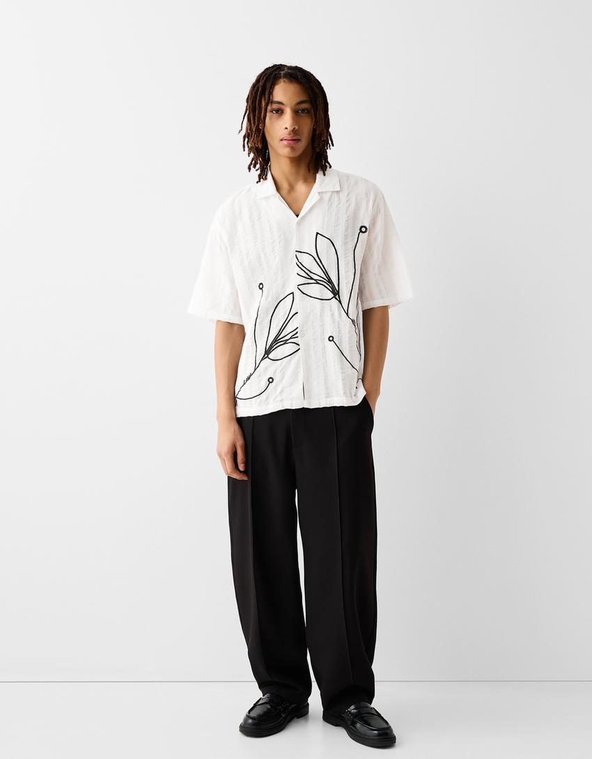 قميص مطرز بأكمام قصيرة-أبيض مطفي-3