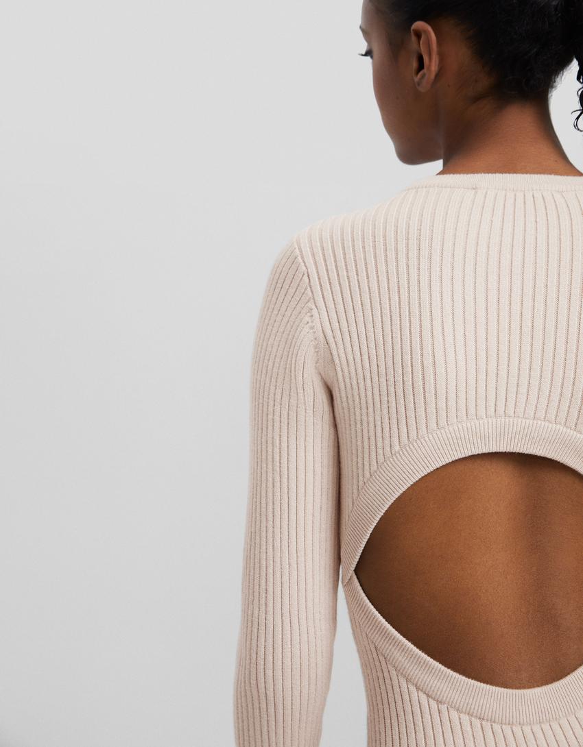 فستان مضلع متوسط الطول بأكمام طويلة وفتحة خلفية-رمادي-3